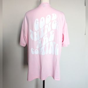 pink and white Good things are coming oversized t-shirt size M